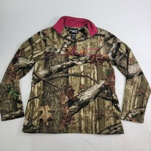 Mossy Oak Break-Up Women's Fleece Camo & Pink‎ 1/4 Zip Jacket Hunting Sz L EUC